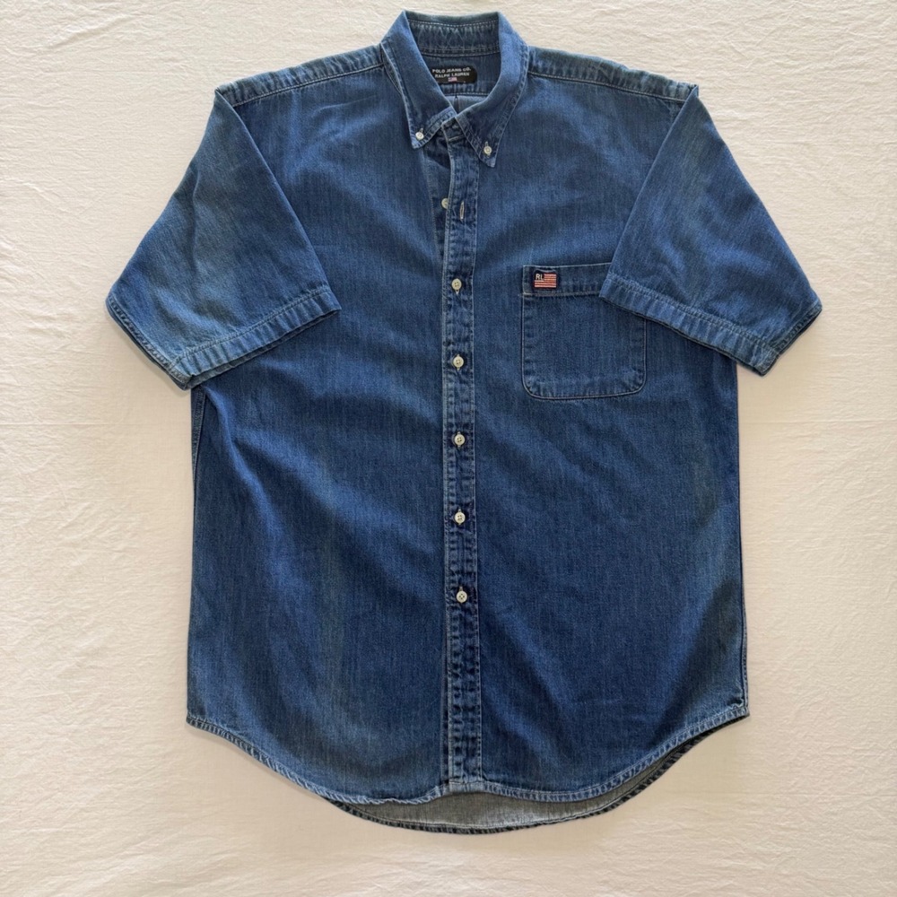 Polo Jeans Ralph Lauren Denim Shirt Mens Blue Short Sleeve Button Down RL Flag